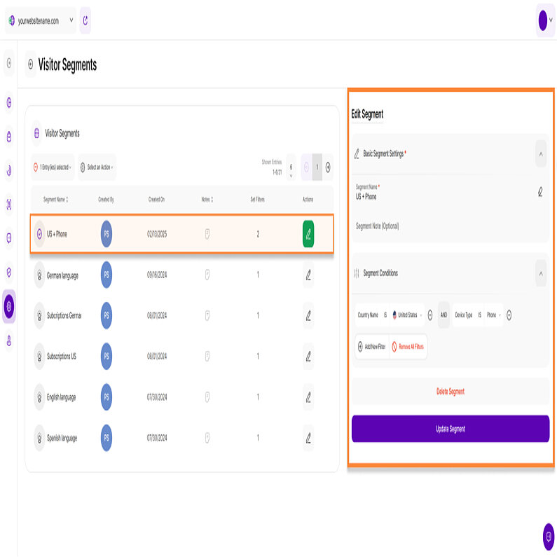 Editarea unui segment de vizitatori Editarea unui segment de vizitatori