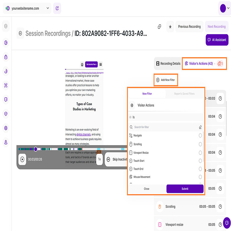 Opțiuni de filtrare pentru acțiunile vizitatorului
