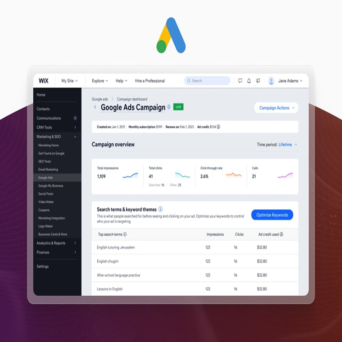 Kliken claims that users can completely build an ad campaign in under ten minutes Screenshot Wix plugins Get Google Ads + Retargeting interface