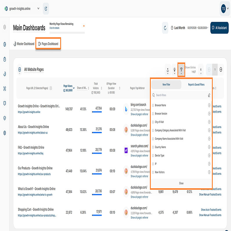 Filterung auf Seiten-Dashboard anwenden
