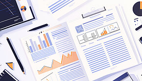 Illustrated workspace with reports, charts, and analytics documents representing data insights and performance analysis