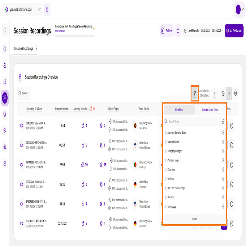 Filtre pentru prezentarea generală a înregistrărilor de sesiune