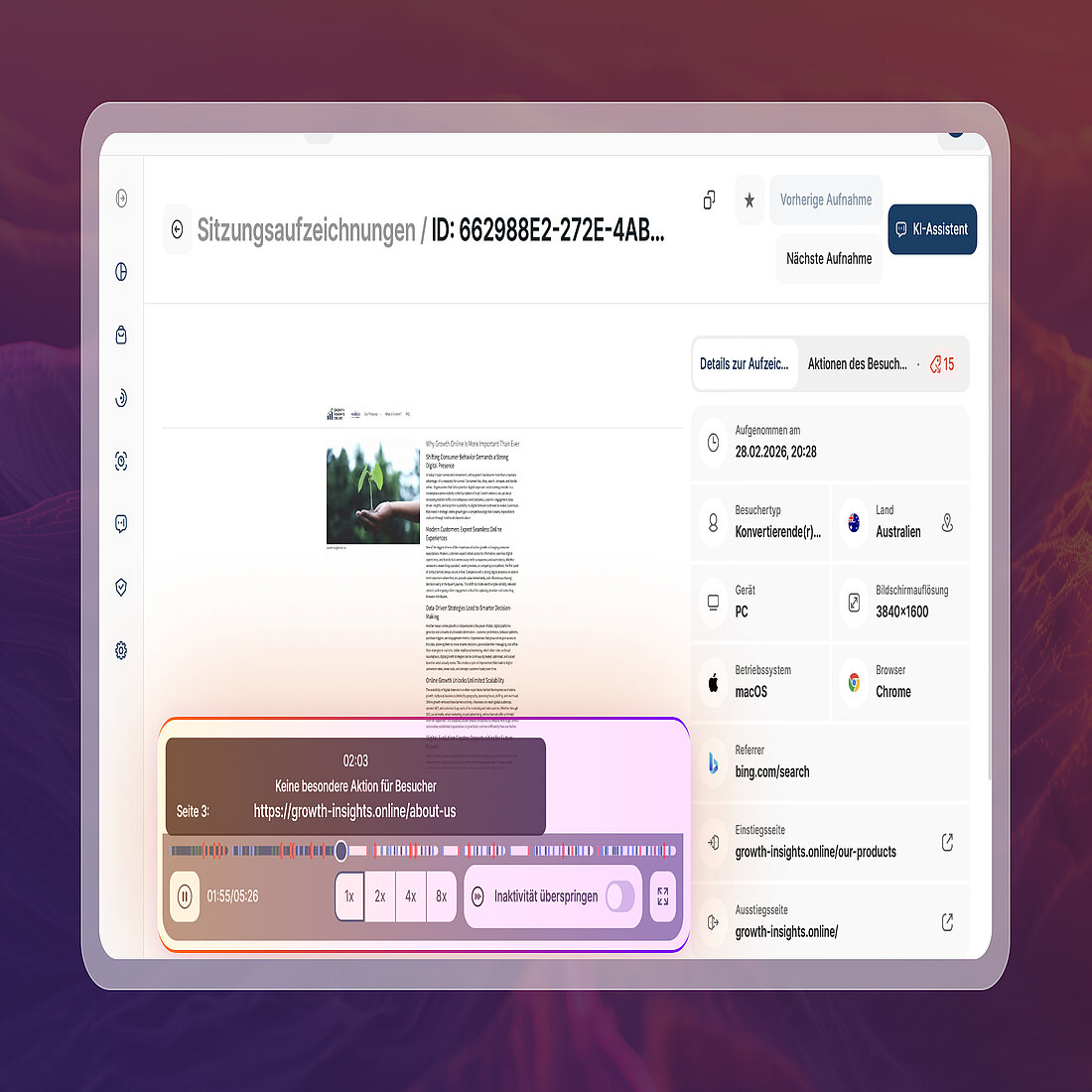 Die Ansicht Session Recordings zeigt das neue Layout der geteilten Zeitleiste und den Hilfetext für die Seiten-URL bei Mausbewegungen