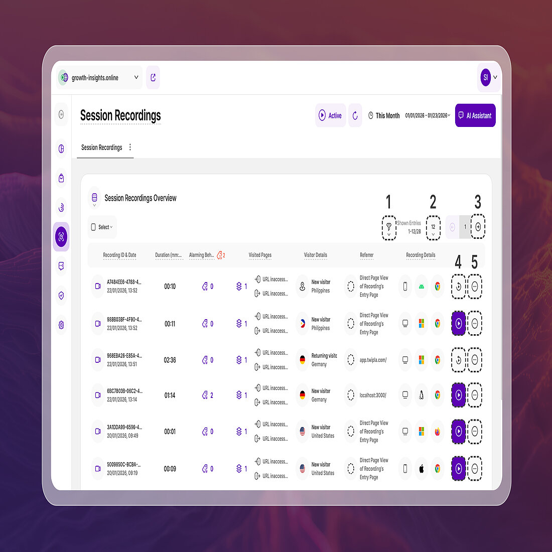 Session Recordings Overview report block showing keyboard focus moving across filters, pagination controls, and recording action buttons