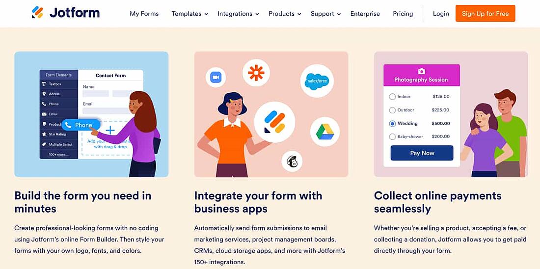 Ein Bild, das die Homepage von Jotform zeigt