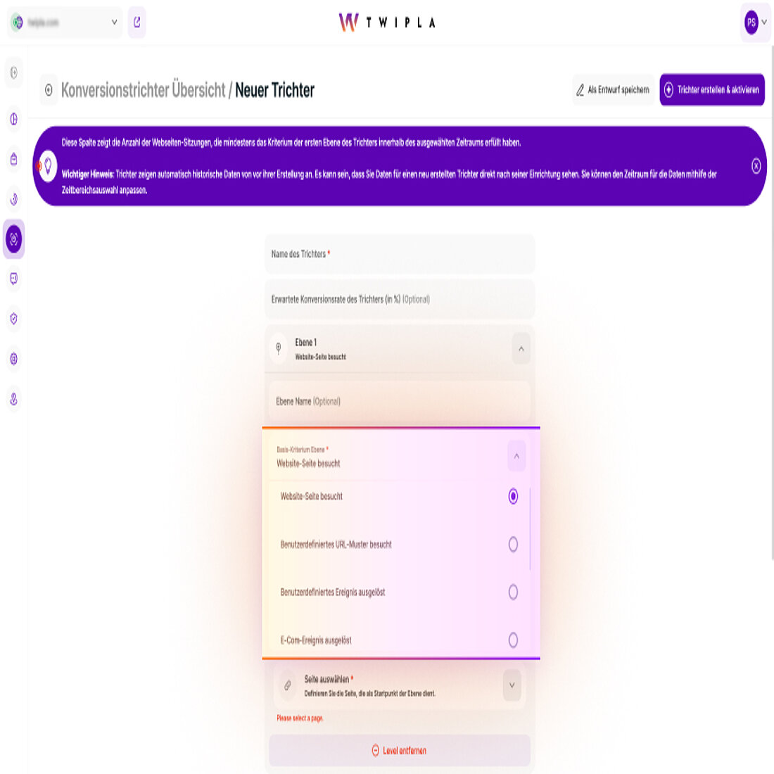 TWIPLA Funnel-Builder-Oberfläche mit ereignisbasierten Konversionsschritten