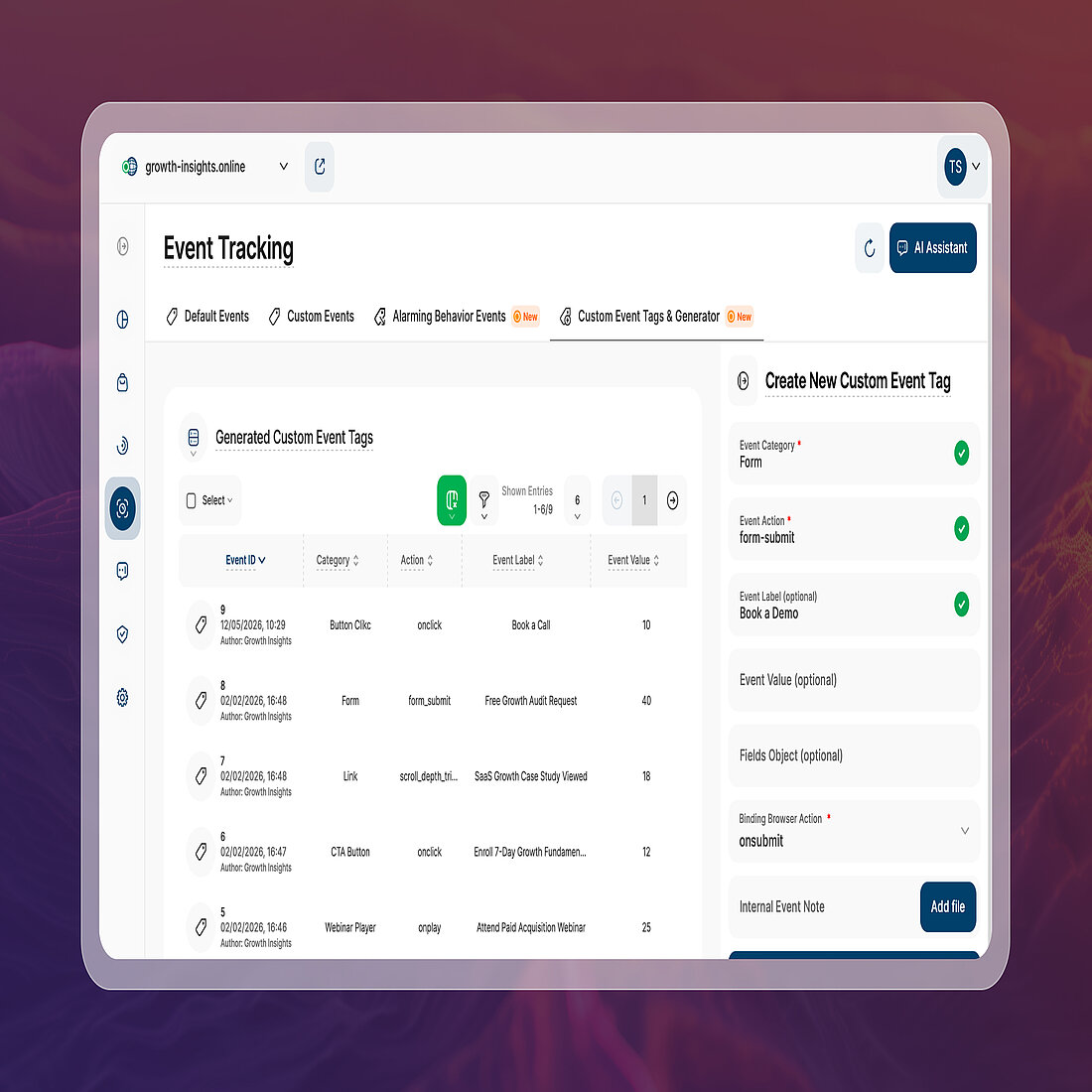 Creating a Custom Event Tag | TWIPLA TWIPLA Custom Event Tag generator configured to track a Book a Demo form submission