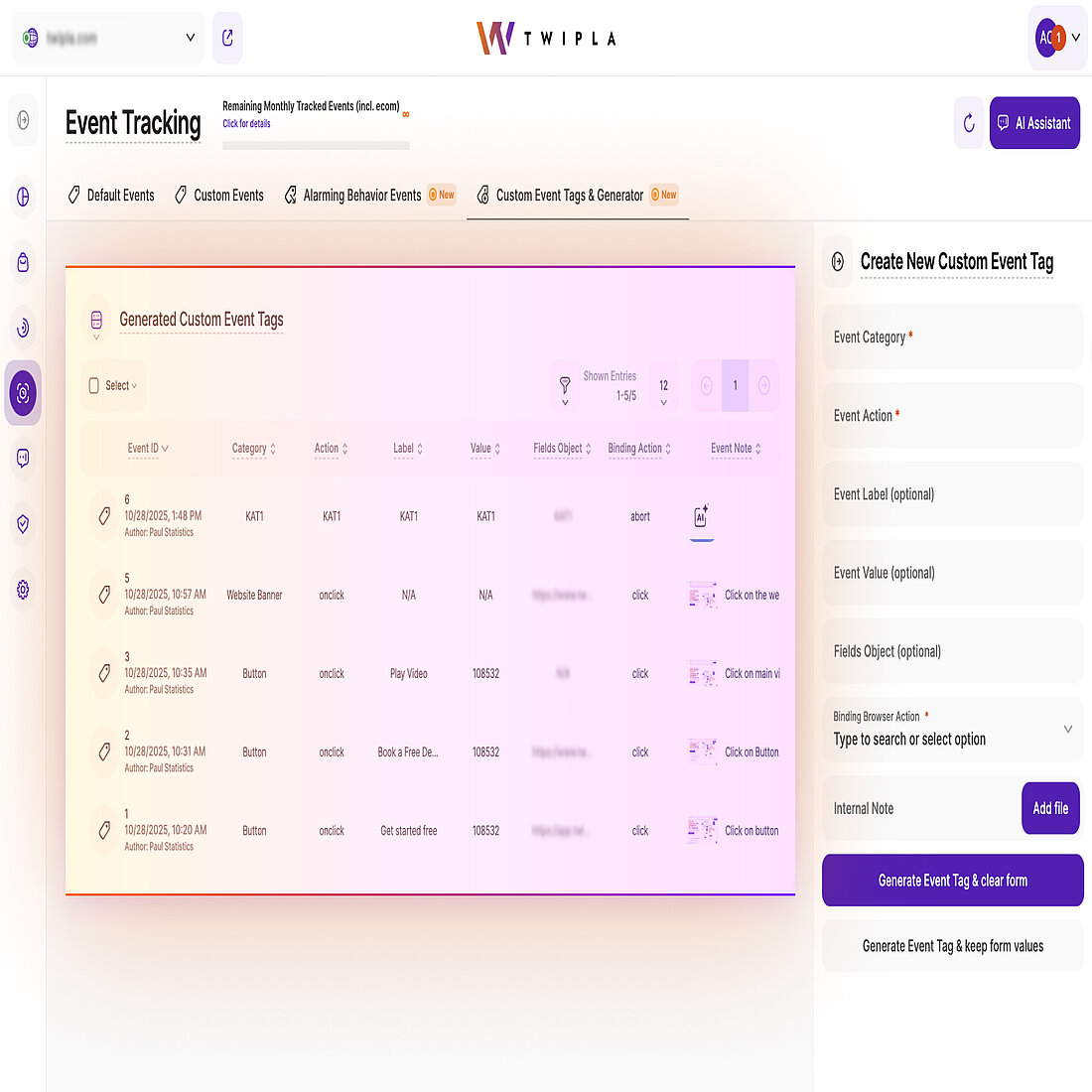 Custom Events Table in Event Tracking Submodule TWIPLA’s Event Tracking submodule, showing the Custom Events Table populated with event tags, including columns for category, action, label, value, and binding action