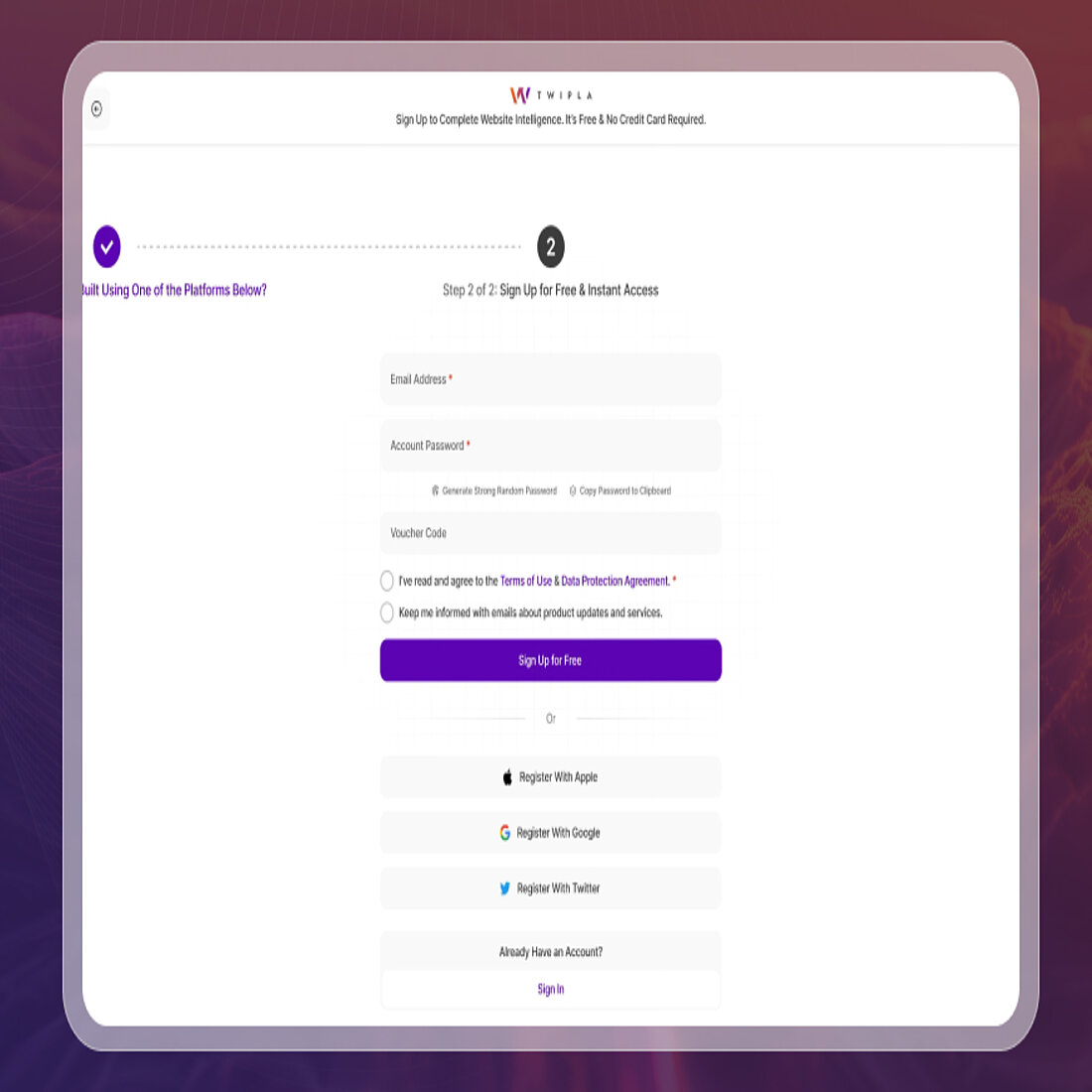 Businesses should look to make onboarding as easy and frictionless as possible for prospective clients A screenshot of TWIPLA's onboarding process