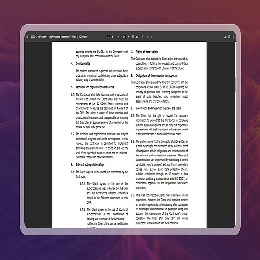 TWIPLA Data Processing Agreement Retention and Deletion Clauses Excerpt from TWIPLA’s data processing agreement showing documented data retention periods, deletion obligations, and storage limitation terms used to verify GDPR retention and erasure requirements