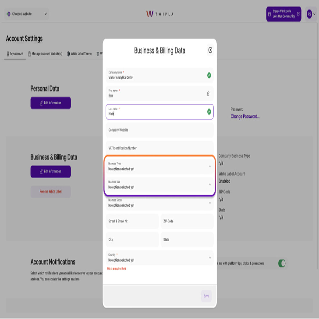 TWIPLA's additional billing fields TWIPLA's billing details interface