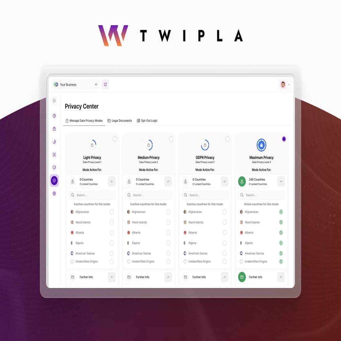 With features like dynamic opt-out logic and comprehensive legal document management, TWIPLA simplifies regulatory adherence for marketers Data privacy compliance tool for marketers