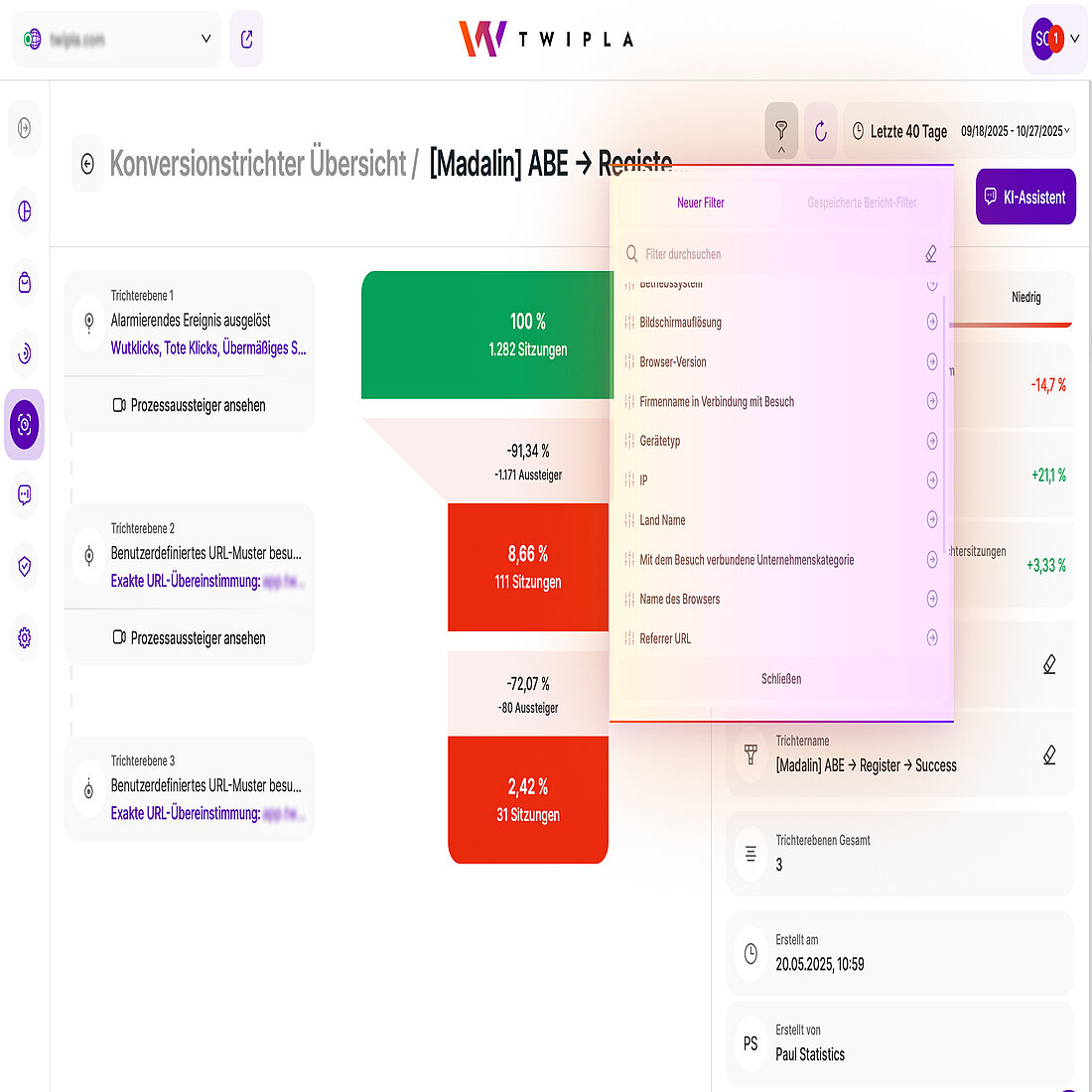 Filteroptionen für Konversionstrichter in TWIPLA TWIPLAs Konversionstrichter-Leistungs-Dashboard mit geöffnetem Filtermenü, das Filteroptionen wie Browser, Stadt, Firmenname, Gerätetyp und Betriebssystem anzeigt