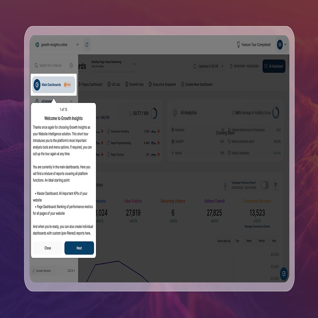 TWIPLA's Main Dashboards Feature Tour Feature tour overlay introducing key dashboards, reports, and navigation