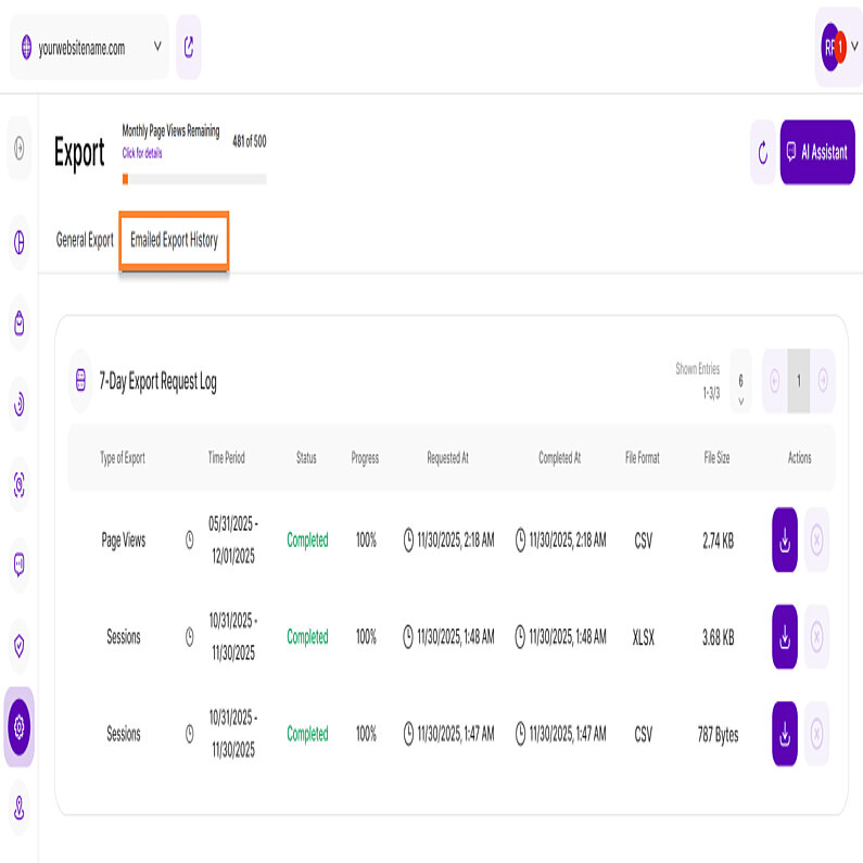 History of Requested Exports