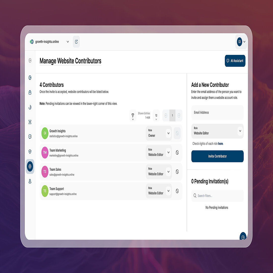 Updated White Label Website Access Rights | TWIPLA TWIPLA's Contributors view, where users can edit access rights for the website