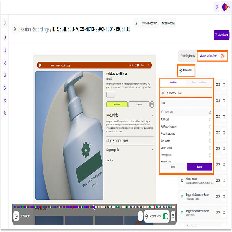 Optionen zum Filtern der Aktionen der Besucher Optionen zum Filtern der Aktionen der Besucher