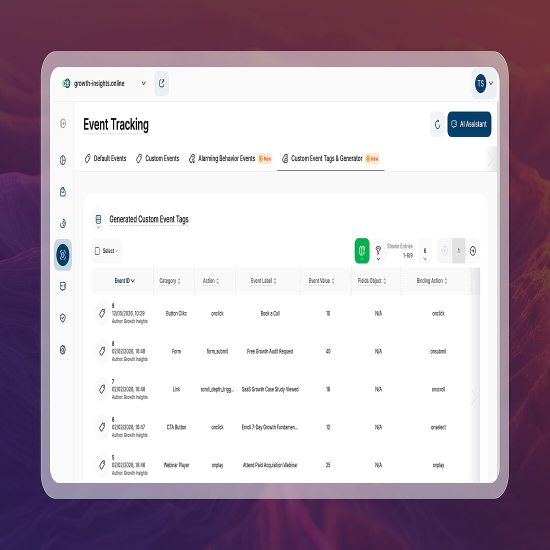 Managing Custom Event Tags | TWIPLA TWIPLA Generated Custom Event Tags table showing tag management options