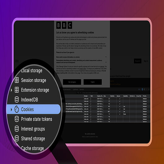 Verifying Technically Necessary Storage Under GDPR Browser developer tools highlighting cookies and other client-side storage mechanisms