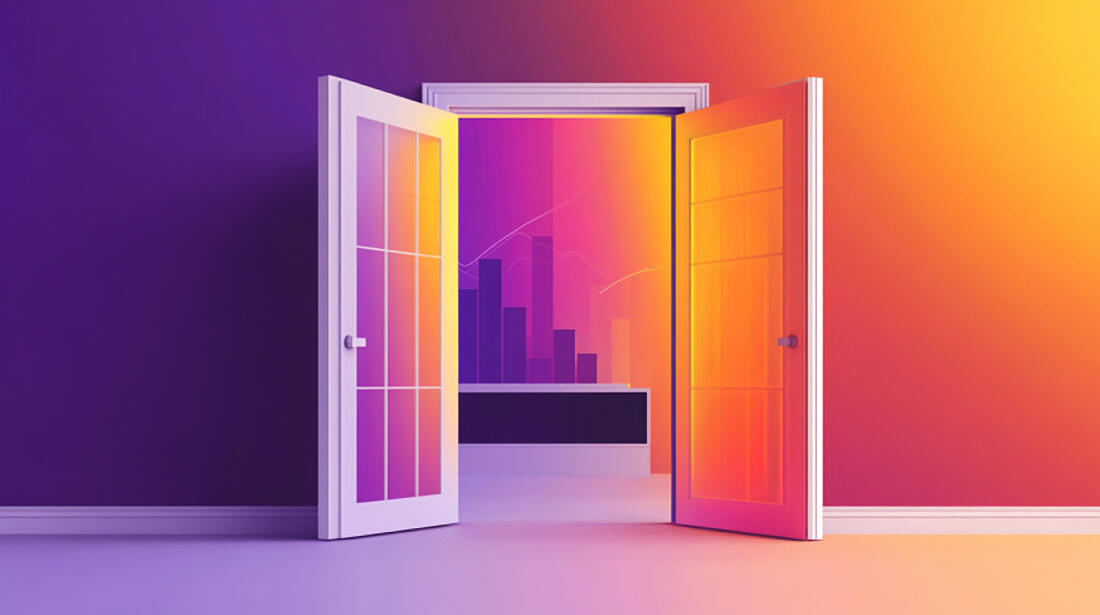 Illustration of open doors leading to a graph dashboard, symbolizing onboarding