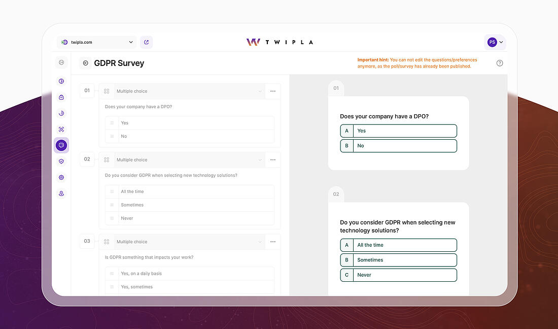 Screenshot des TWIPLA-Tools zur Erstellung von Umfragen mit Fragenbearbeitung und Live-Vorschau