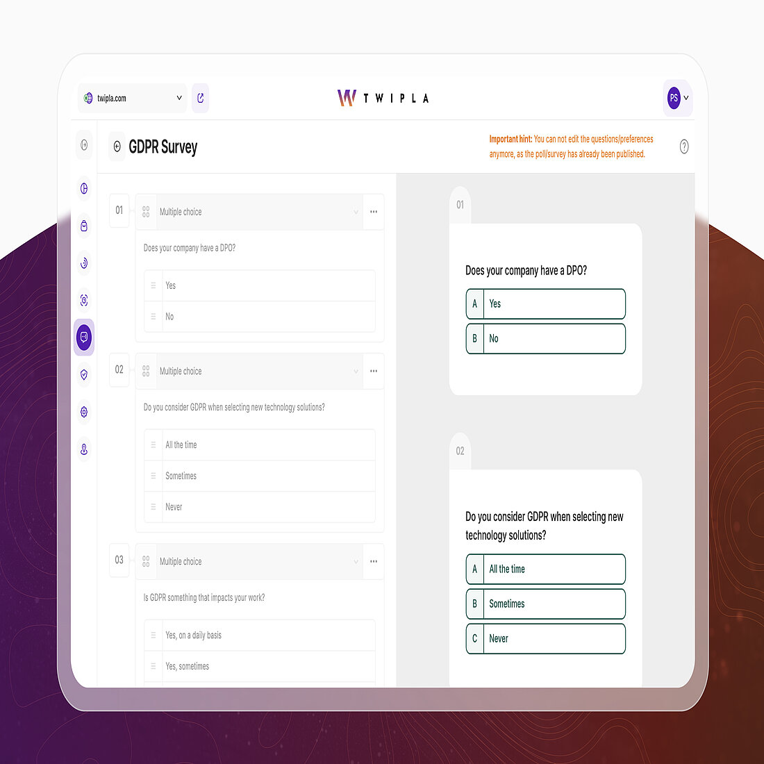 Screenshot of TWIPLA’s survey creation tool showing question editing and live preview