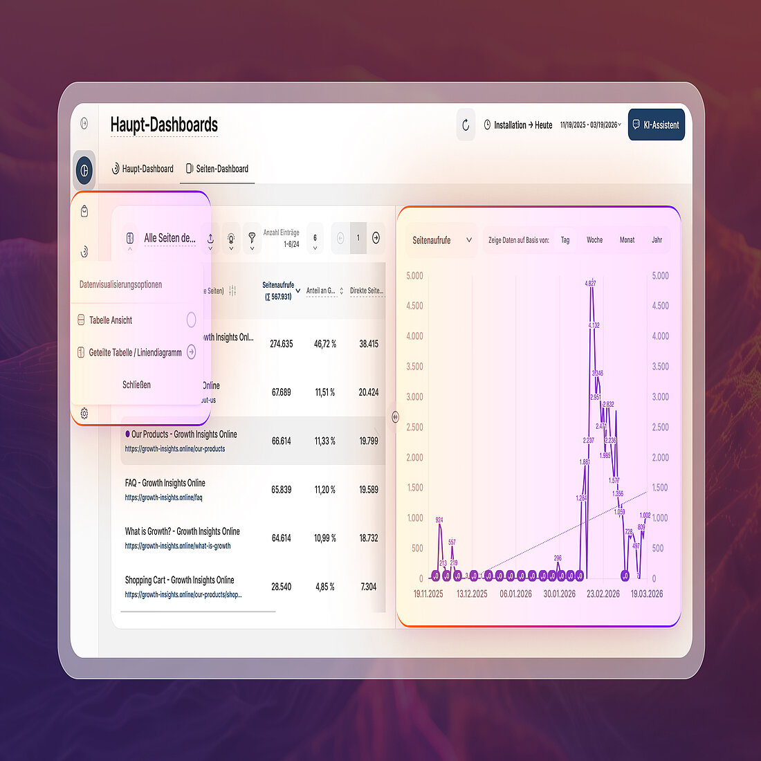 Seiten-Dashboard mit den neuen Datenvisualisierungsoptionen
