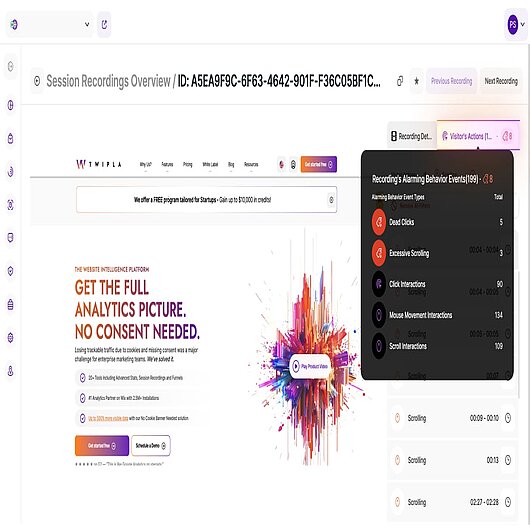 Die Zusammenfassung finden Sie, wenn Sie mit der Maus über die Registerkarte "Besucheraktionen" fahren Screenshot Zusammenfassung der Besucheraktion für Sitzungswiederholungen