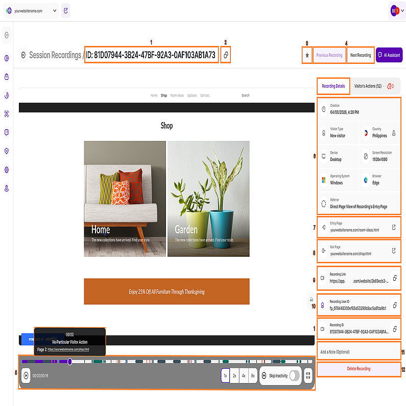 Aufzeichnungsdetails Ansicht eines Session Recordings