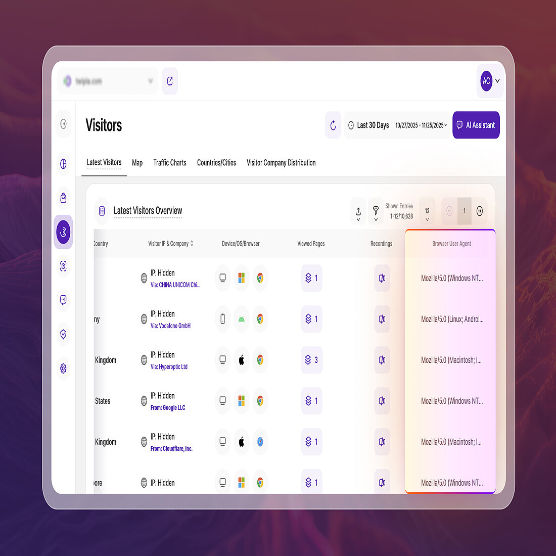 Visitors report showing the new Browser User Agent column with browser, version, and operating system details