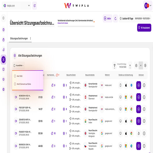 Auswahl von Massenaufzeichnungen in TWIPLA Session Recordings TWIPLA's Session Recordings Dashboard mit geöffnetem Massenauswahlmenü, das Optionen zur Auswahl aller Elemente auf der Seite, aller Zeiten oder einzelner Sitzungen anzeigt
