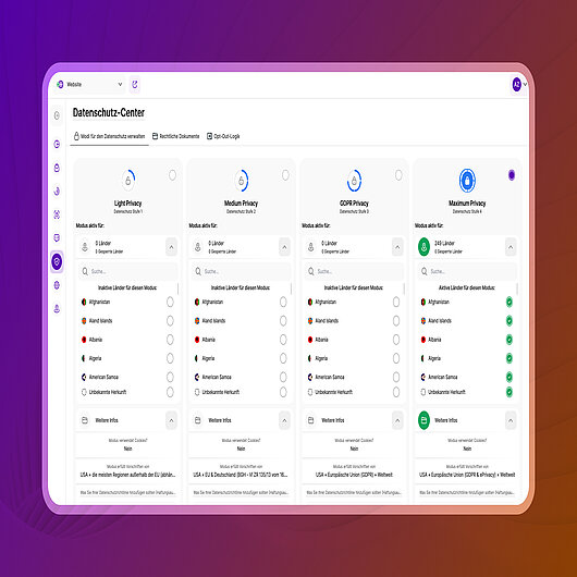 Die Oberfläche des Datenschutz-Centers zeigt den Maximum Privacy Modus und die zugehörigen Datenschutzeinstellungen