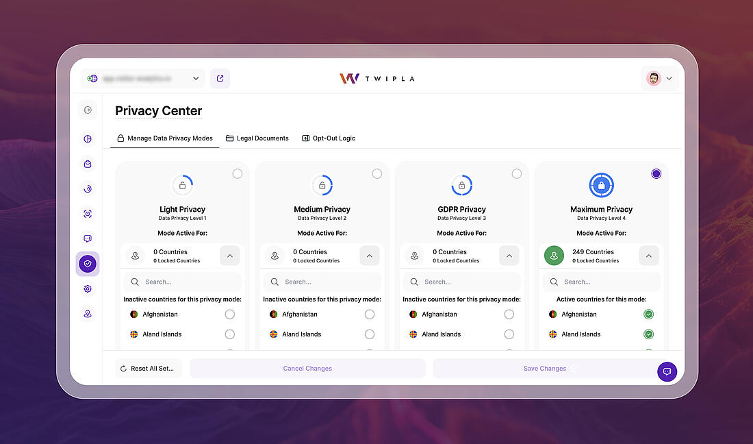 Die Benutzeroberfläche des TWIPLA Privacy Center zeigt vier wählbare Datenschutzstufen vom leichten bis zum maximalen Datenschutzmodus.