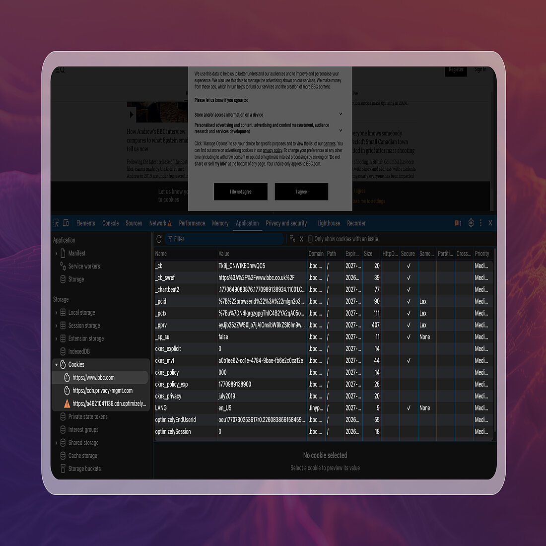 Browser-Entwicklungstools zeigen die Speicherung von Cookies beim ersten Laden einer Seite an, bevor der Besucher seine Zustimmung gibt
