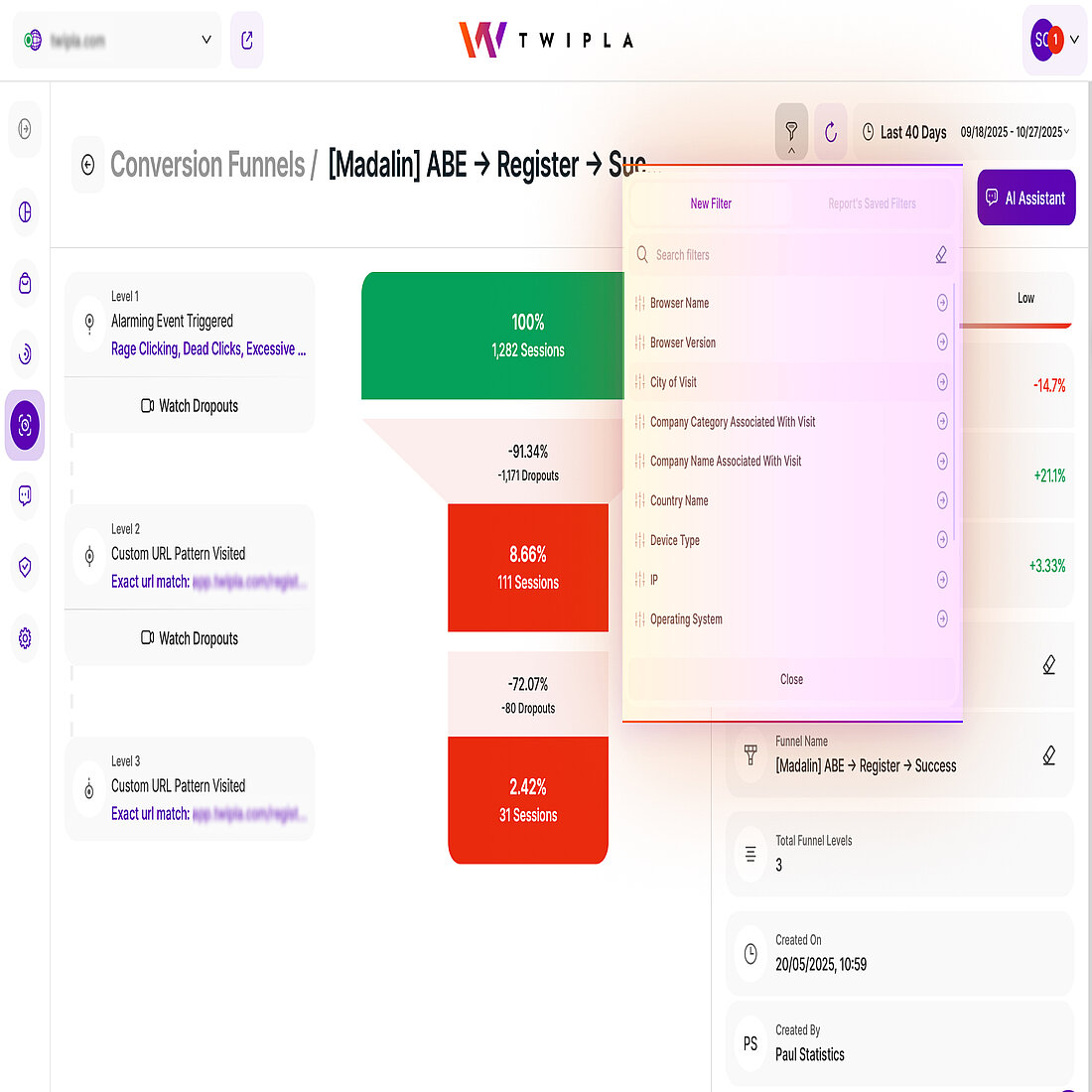 Conversion Funnel Filtering Options in TWIPLA TWIPLA’s Conversion Funnel performance dashboard with the filter menu open, showing filtering options like browser, city, company name, device type, and operating system