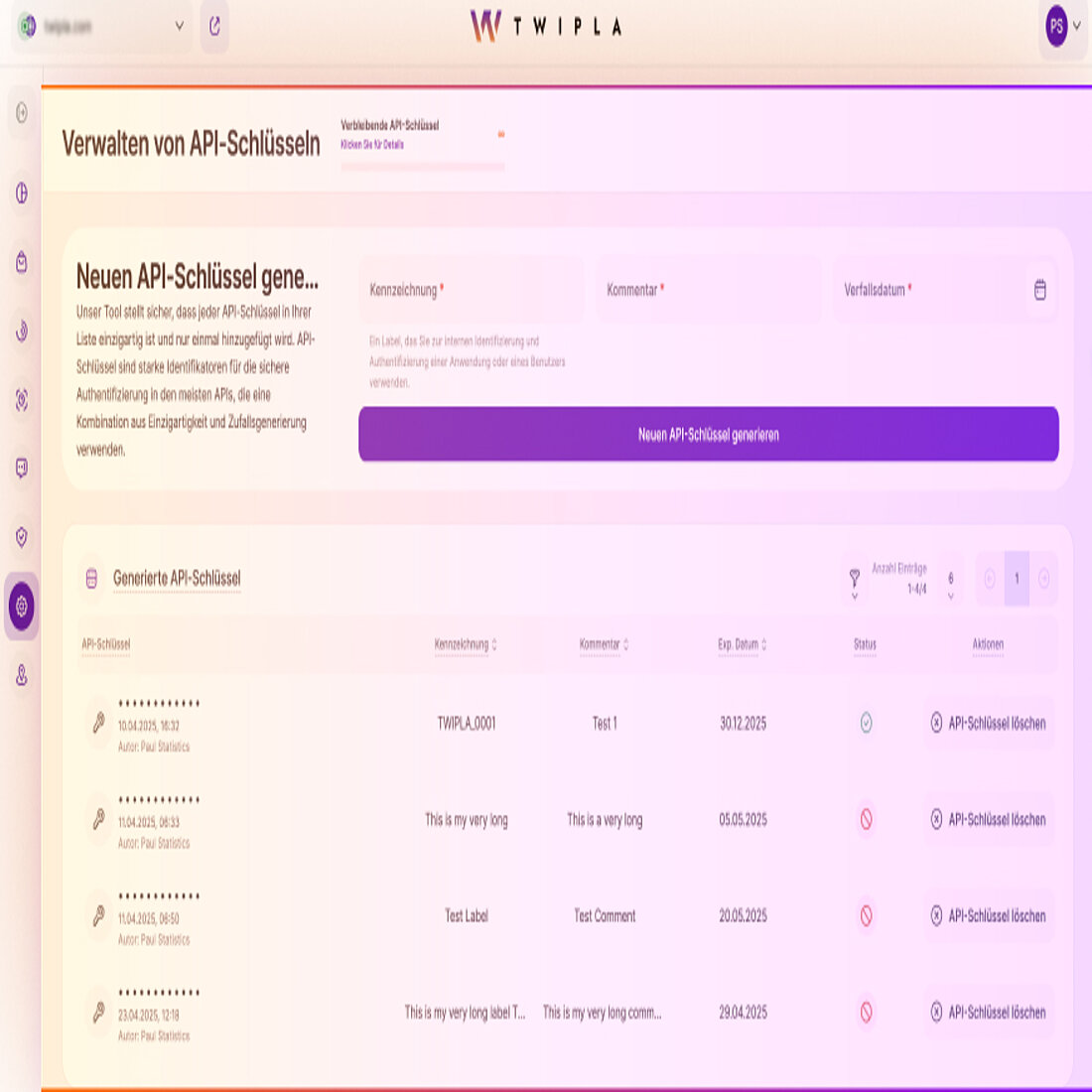 TWIPLA-Oberfläche zur Erstellung und Verwaltung von API-Keys