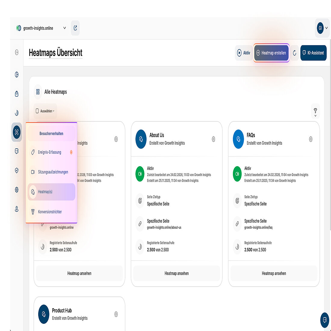 Screenshot der Plattform, der zeigt, wo eine neue Heatmap in der Heatmaps-Übersicht erstellt werden kann