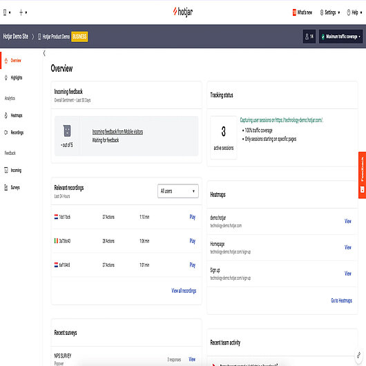 Screenshot des Übersichts-Dashboards von Hotjar mit Feedback, Session Recordings, Heatmaps und Tracking-Status