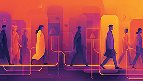 A stylized illustration of people moving through connected pathways representing traffic attribution use cases, traffic sources, and visitor journeys across channels