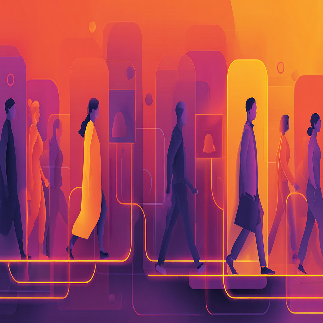 Example Traffic Attribution Use Cases - TWIPLA A stylized illustration of people moving through connected pathways representing traffic attribution use cases, traffic sources, and visitor journeys across channels