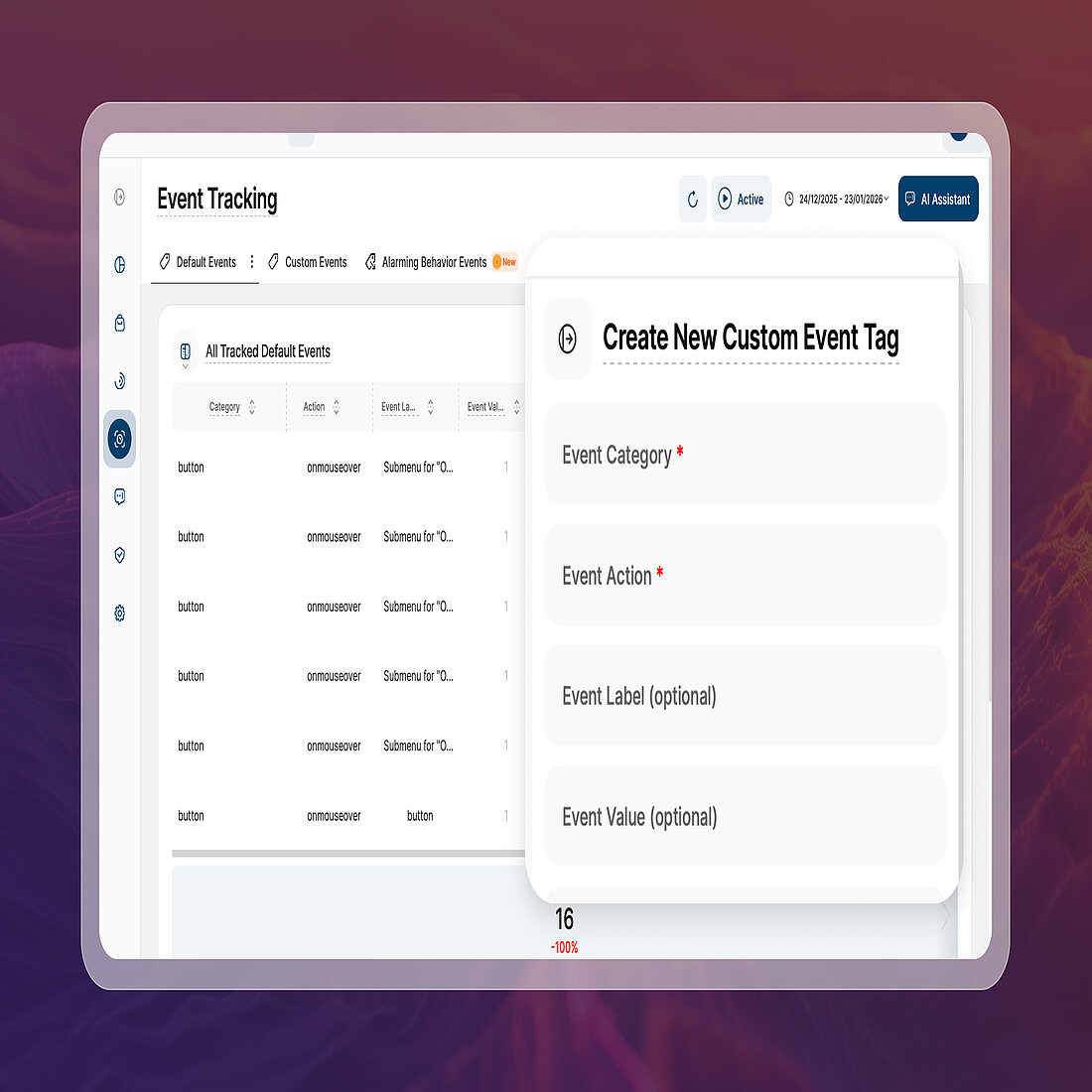 Default Events vs Custom Events | TWIPLA TWIPLA Event Tracking showing Default Events alongside the Custom Event Tag generator