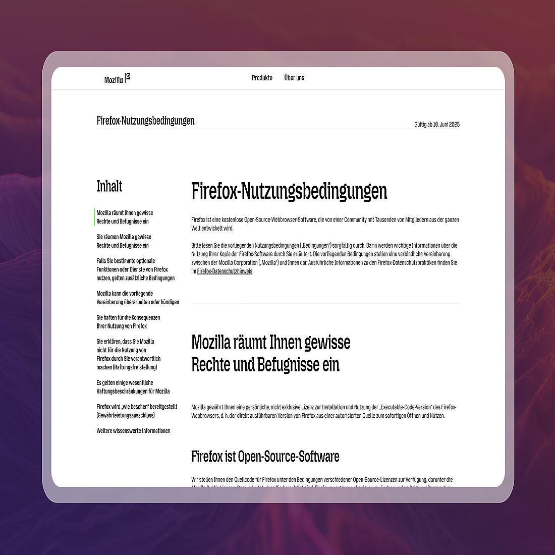 Illustration der Firefox-Nutzungsbedingungen von Mozilla, die in einem Browserfenster angezeigt werden, vor einem lila-roten abstrakten Hintergrund