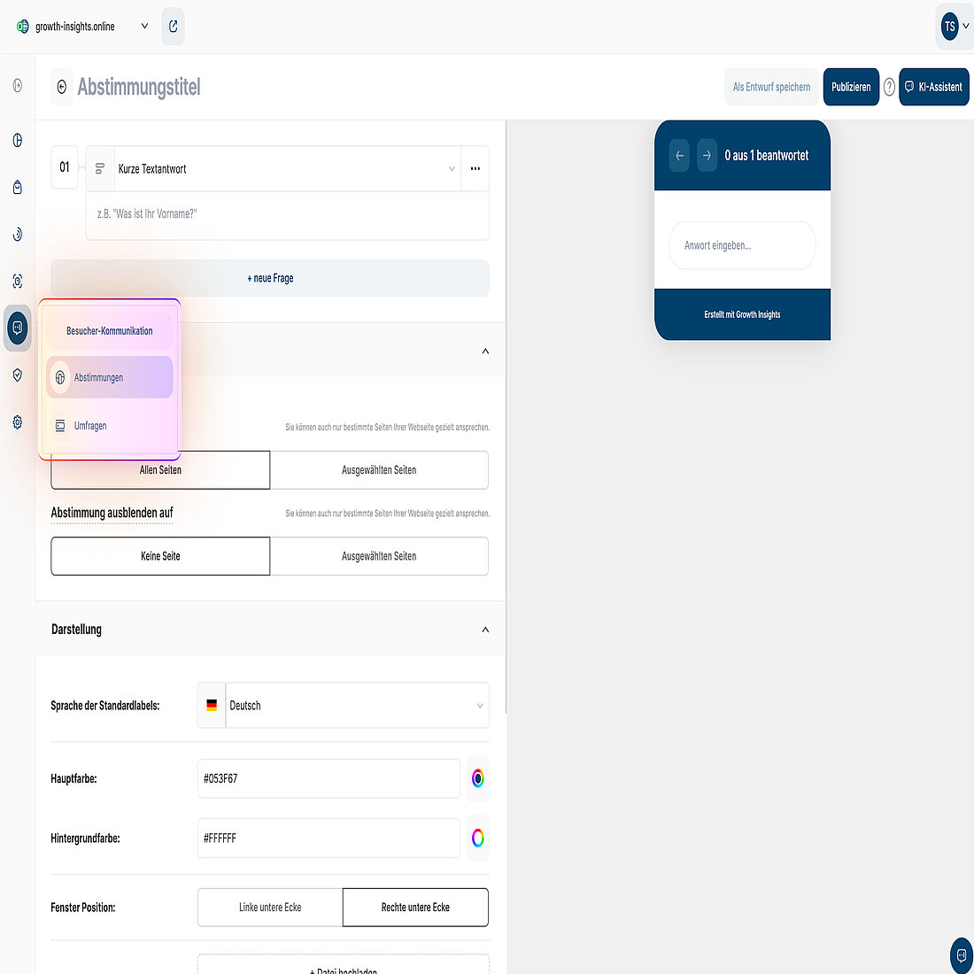 Abstimmungs-Editor mit Navigationspfad, Optionen für die Seitenausrichtung und On-Page-Vorschau
