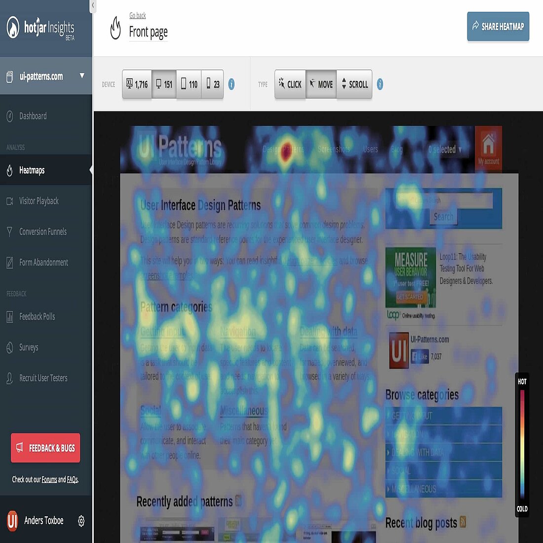 Hotjar's heatmap interface