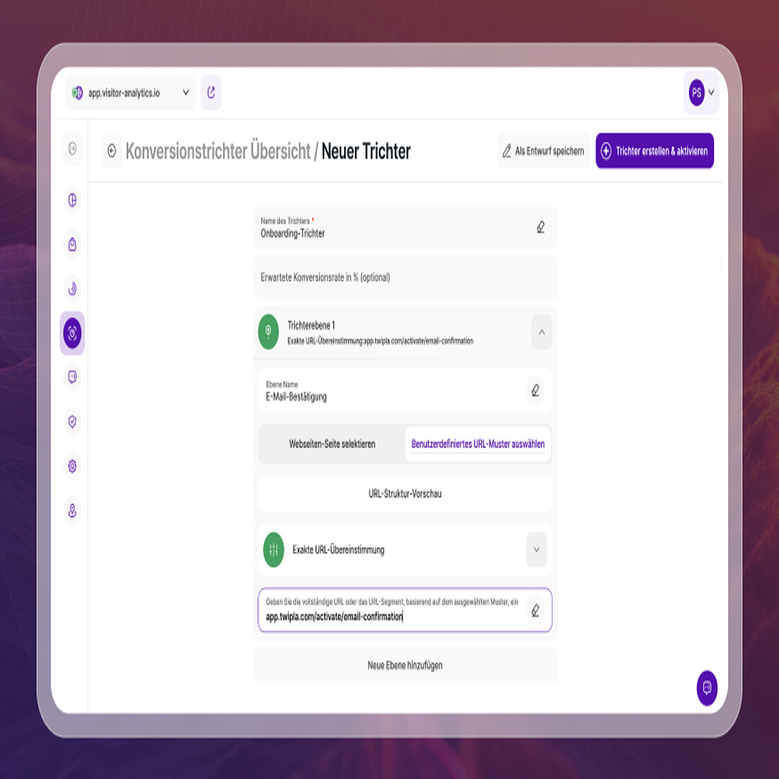 TWIPLA-Nutzer können einen Trichter mit bis zu acht Seitenebenen erstellen Ein Screenshot der TWIPLA-Schnittstelle zur Trichtererstellung