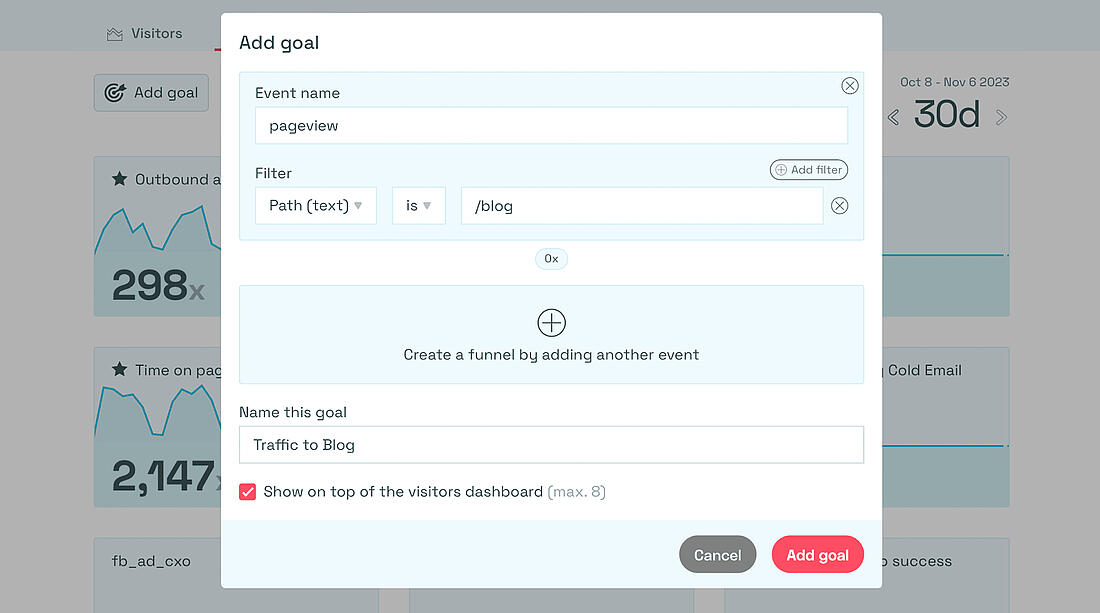 Simple Analytics goal creation popup showing manual event setup with basic filters, highlighting limited tracking options and the absence of a visual funnel builder.