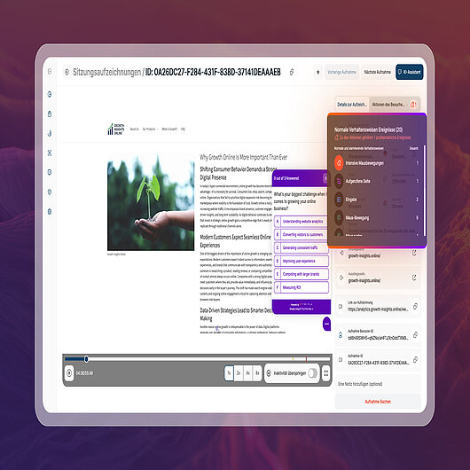 Plattformnachrichten Mai 2026: Verbesserter Hilfetext für Besucher-Aktionen in Session Recordings | TWIPLA Screenshot der Wiedergabeansicht der Session Recordings von TWIPLA, der die neue Struktur der Ereignisbenachrichtigung zeigt