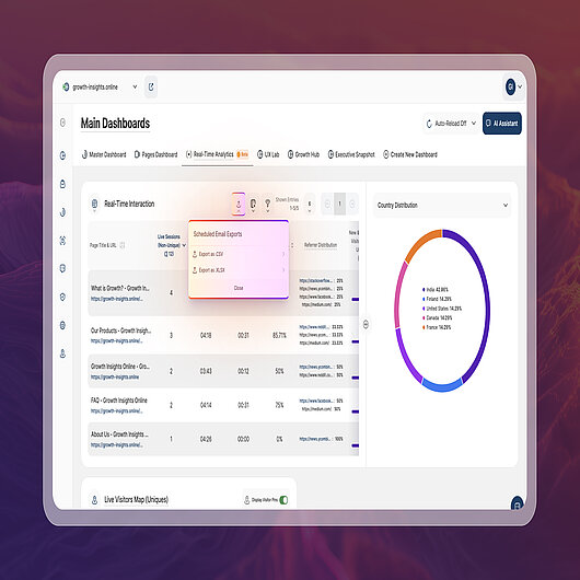 Platform News May 2026: Export Data from Real-Time Analytics Dasboard | TWIPLA TWIPLA Real-Time Analytics Dashboard showing export options for downloading report data as .CSV or .XLSX files