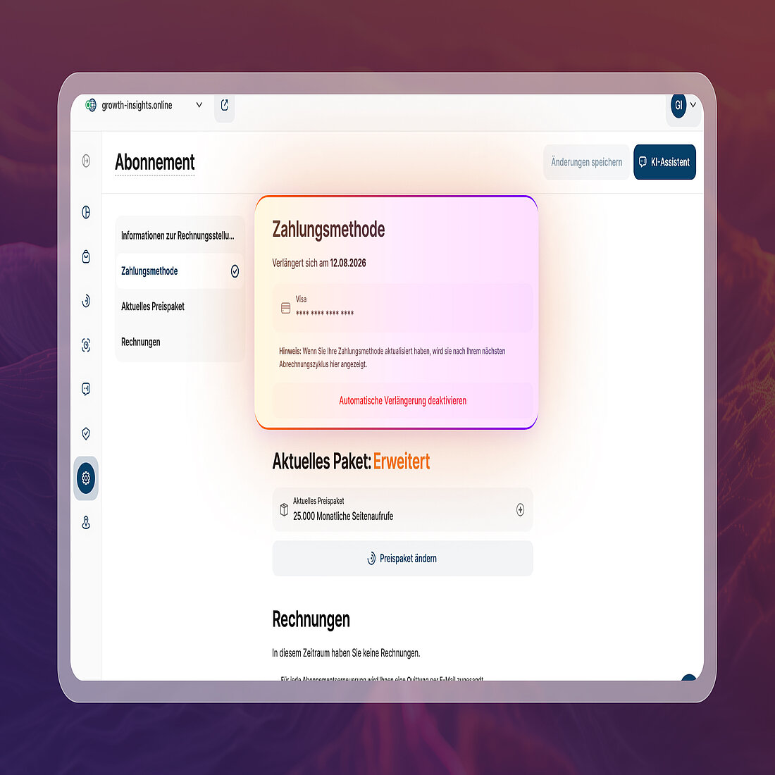 TWIPLA-Abonnementeinstellungen mit aktualisierten Kontrollen für die automatische Verlängerung und Sichtbarkeit des Verlängerungsdatums für Benutzer der Standardintegration