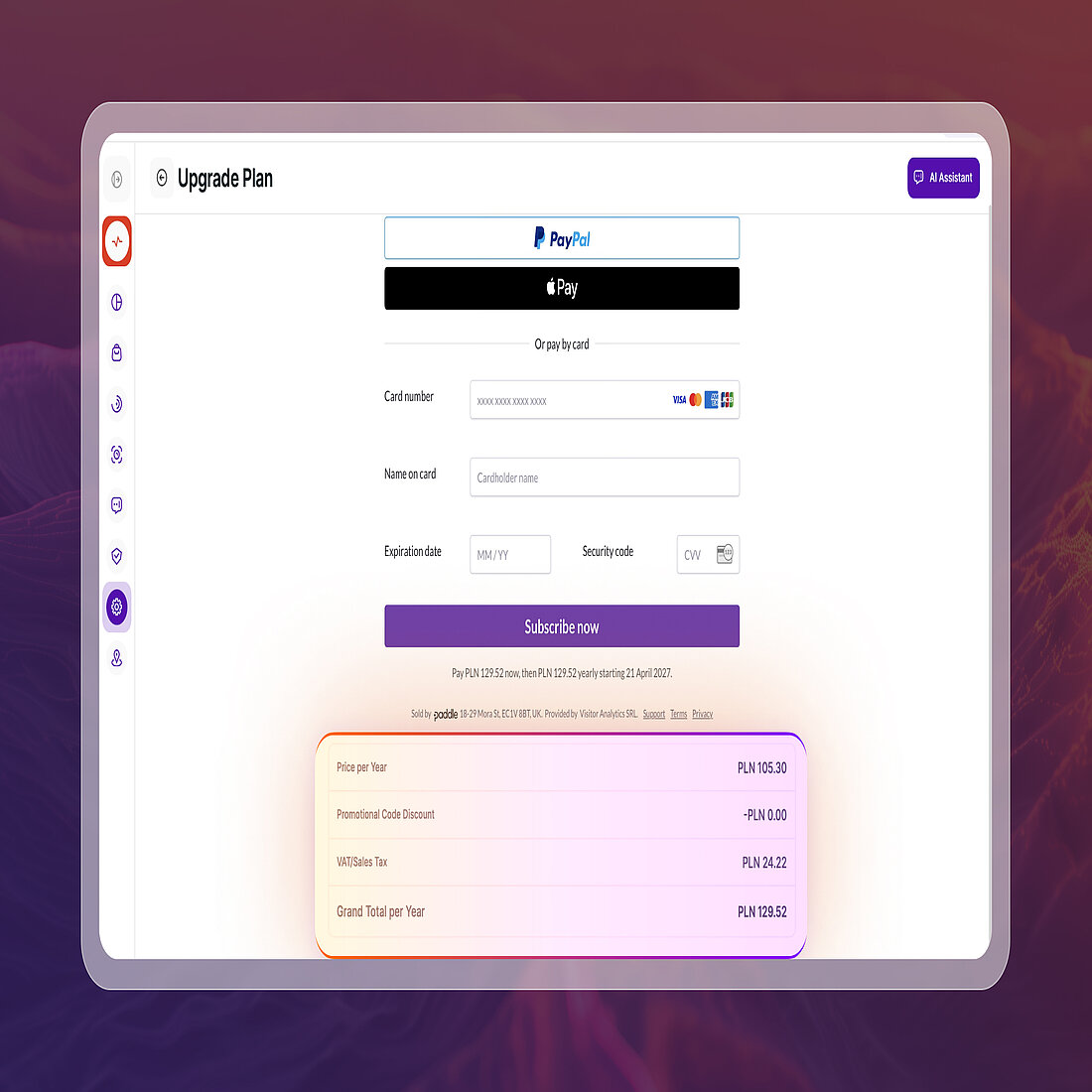 TWIPLA checkout showing upgrade pricing and full cost breakdown in the visitor’s local currency
